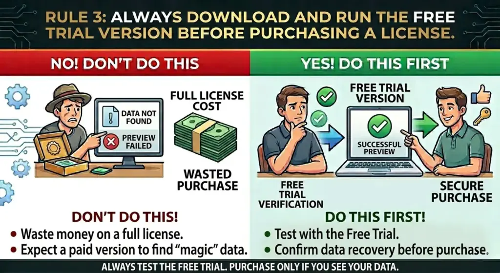 Rule 3: Always download and run the free trial version before purchasing any license. If the trial preview can't see your data, the paid version won't magically find it either.