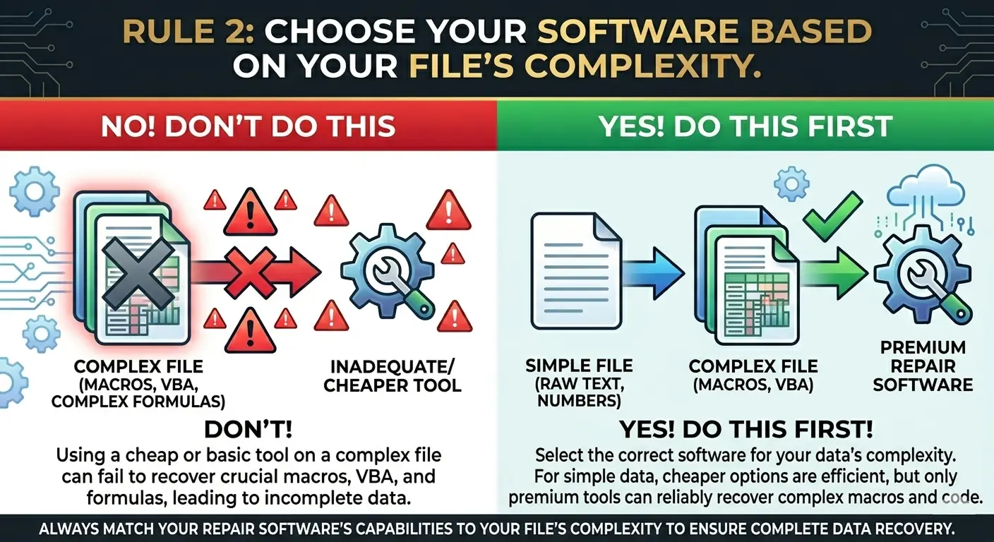 Rule 2: Choose your software based on your file's complexity. If you just need raw text and numbers, a cheaper tool works fine, but heavy macros and VBA code require premium solutions.