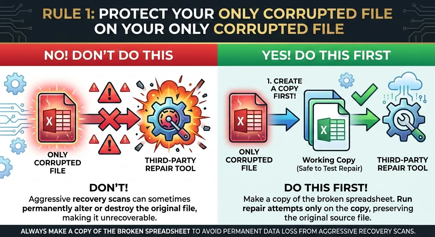 Rule 1: Never attempt a third-party repair on your only corrupted file. Always make a copy of the broken spreadsheet first, as aggressive recovery scans can sometimes permanently alter the source file.