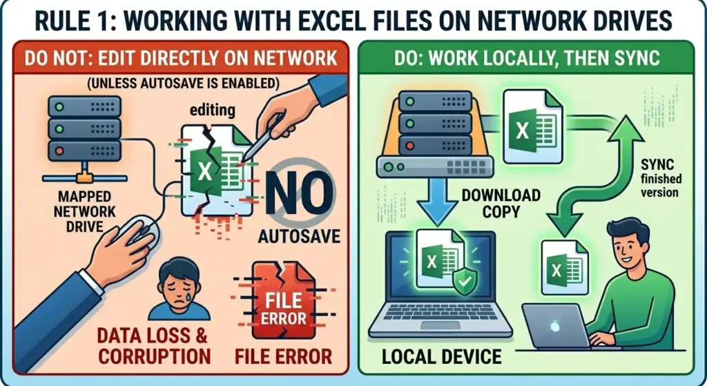 an infographic that shows Rule 1: Never edit a working Excel file directly on a mapped network drive without AutoSave enabled; always work locally and sync the finished version later.