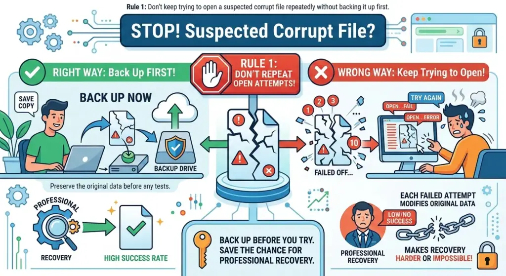 Rule 1: Don't keep trying to open a suspected corrupt file repeatedly without backing it up first. Every failed open attempt using built-in tools can modify the original — making later professional recovery harder or impossible.