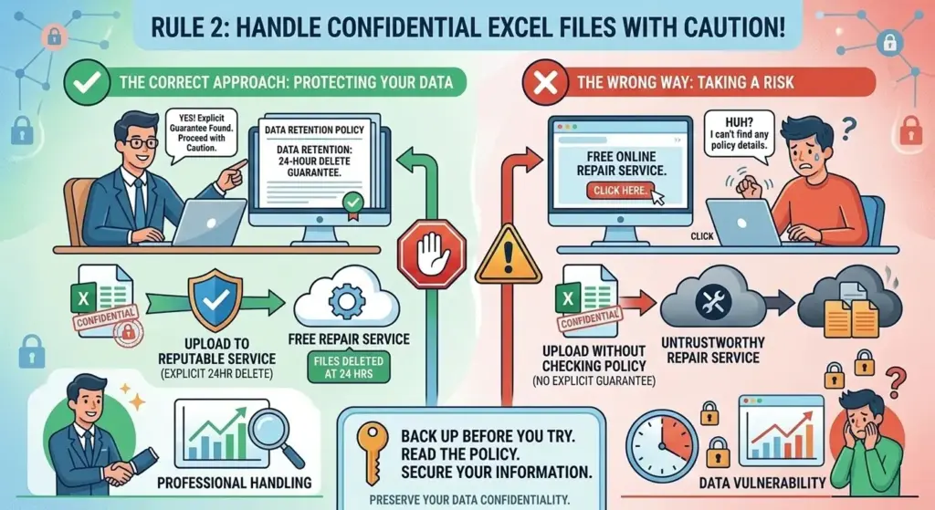 Rule 2: Never upload confidential Excel files to a free online repair service without reading its data retention policy first. Reputable services delete files within 24 hours — if you can't find that guarantee explicitly stated, don't upload.