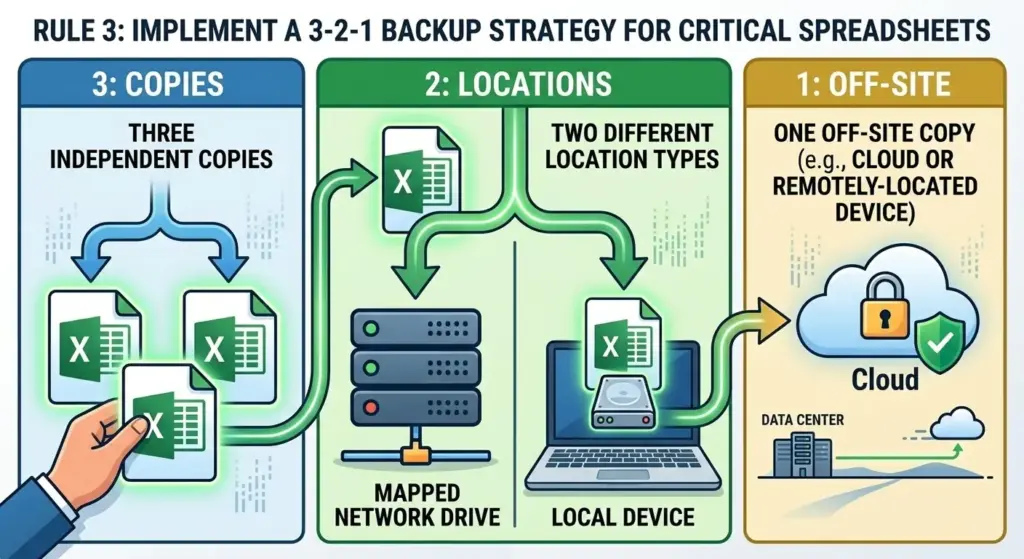 an infographic that shows Rule 3: Implement a 3-2-1 backup strategy for all critical spreadsheets.