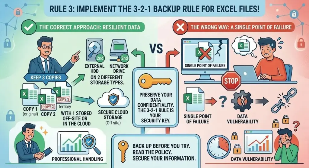 Rule 3: The 3-2-1 backup rule applies to Excel files too: keep 3 copies, on 2 different storage types, with 1 stored off-site or in the cloud. One copy is not a backup — it's a single point of failure.
