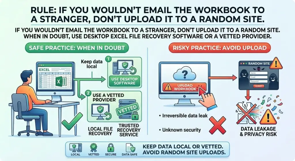 A technical infographic comparing local data recovery versus risky cloud uploads. The left panel, "Safe Practice," shows a user keeping data local by using "Desktop Software" or a "Vetted Provider." The right panel, "Risky Practice," shows a file being uploaded to a "Random Site" represented by hooded hacker silhouettes. This leads to a "Data Leakage" icon and a shattered file. The core message is: "If you wouldn't email the workbook to a stranger, don't upload it to a random site."