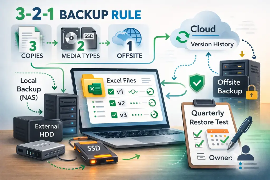 Infographic illustrating the 3-2-1 backup rule: three copies of data, stored on two types of media, with one offsite backup. Includes icons for cloud storage, external drives, servers, and a calendar showing periodic restore tests.