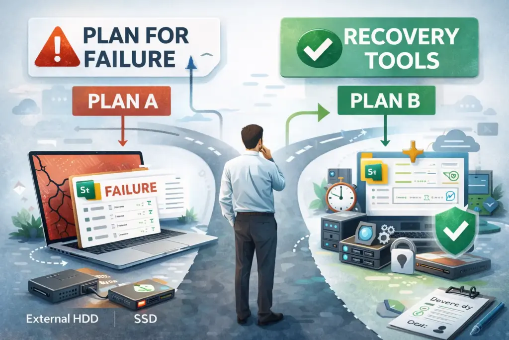 Digital illustration of a professional evaluating two paths: one showing a failed Excel spreadsheet and warning, the other showing repaired files with recovery tools. Highlights planning for failure and choosing tools to shorten recovery time.