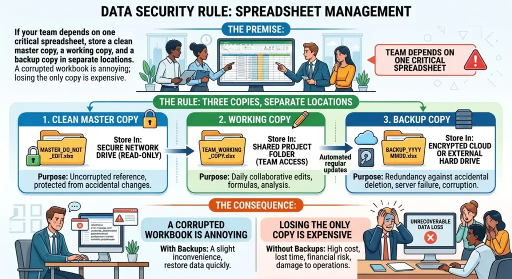 Infographic illustrating the "Three Copies, Separate Locations" data security rule for managing critical team spreadsheets: 1. Clean Master Copy (Read-Only), 2. Working Copy (Collaborative Access), and 3. Automated Backup Copy (Encrypted Cloud or External Drive), with illustrations showing that a corrupted file is an annoyance but unrecoverable data loss is expensive and irreversible.