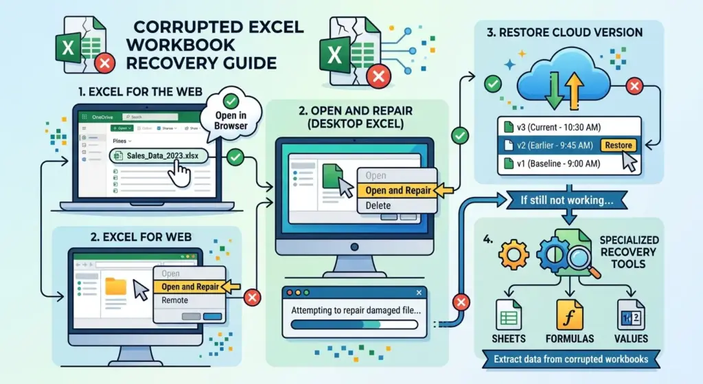 An infographic titled "CORRUPTED EXCEL WORKBOOK RECOVERY GUIDE" outlines a four-step flowchart to troubleshoot broken files. The process begins with trying to "Excel for the Web," then moves to using "Open and Repair" in desktop Excel. If issues continue, the guide advises "Restore Cloud Version." Finally, if those steps fail, it suggests utilizing "Specialized Recovery Tools" to extract sheets, formulas, and values.