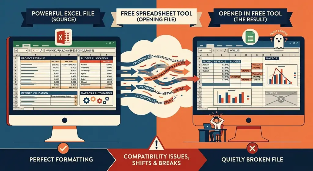 A vector illustration contrasting a complex Excel spreadsheet on the left with its broken, erroneous version on the right when opened in a free alternative, visualizing compatibility issues and formula errors.