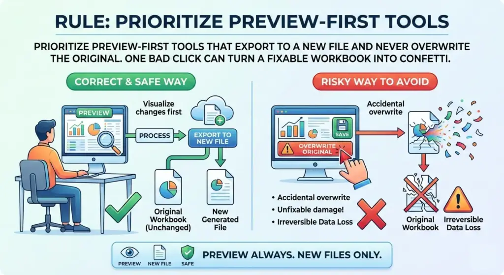 A split-screen infographic illustrating safe data recovery habits. On the left, labeled "Correct & Safe Way," a person uses software that shows a "Preview" of recovered data before exporting it to a "New Generated File," leaving the "Original Workbook" untouched. On the right, labeled "Risky Way to Avoid," a hand clicks an "Overwrite Original" button, causing a document to shatter into colorful confetti. A warning icon emphasizes "Irreversible Data Loss." The bottom banner reads: "Preview Always. New Files Only."