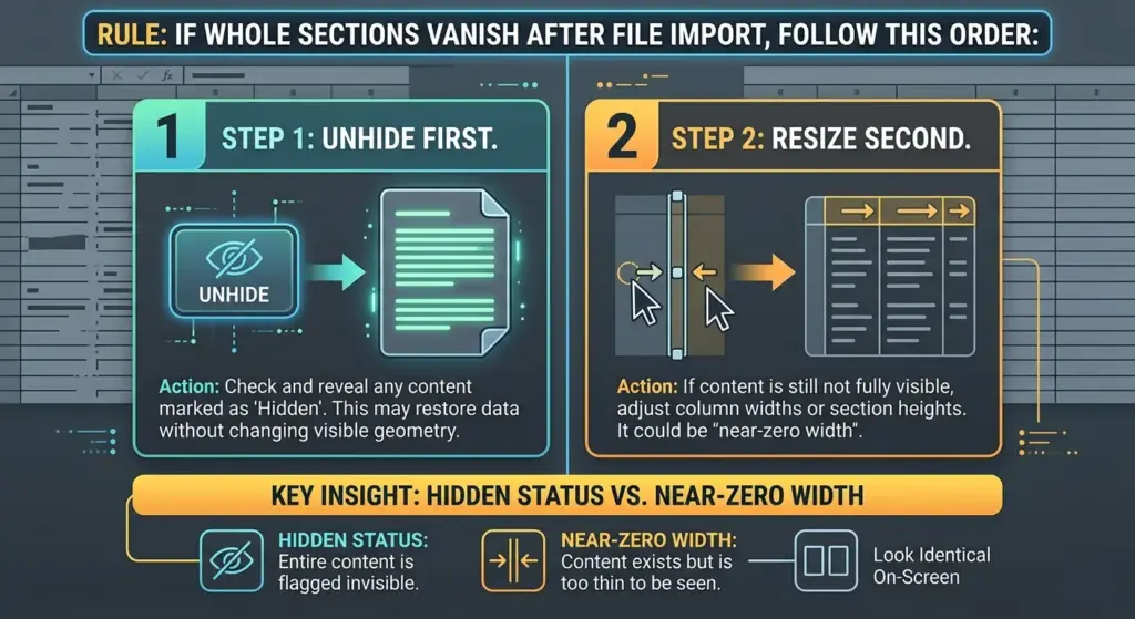 Rule: If whole sections vanish after a file import, unhide first and resize second. Hidden status and near-zero width are different problems, even if they look identical on-screen.