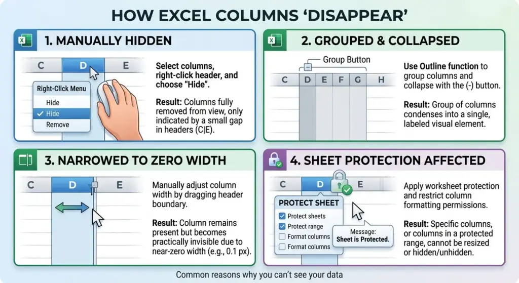 An infographic illustrating four methods for columns to "disappear" in Microsoft Excel, categorized and explained with visual examples.