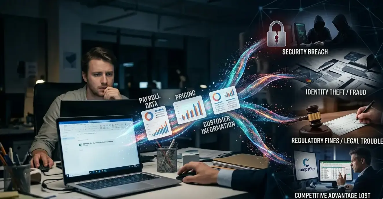 An office worker looks concerned as sensitive data icons for payroll, pricing, and customer info flow from his laptop toward digital threats like hackers, legal gavels, and competitors, illustrating the risks of casual file sharing.