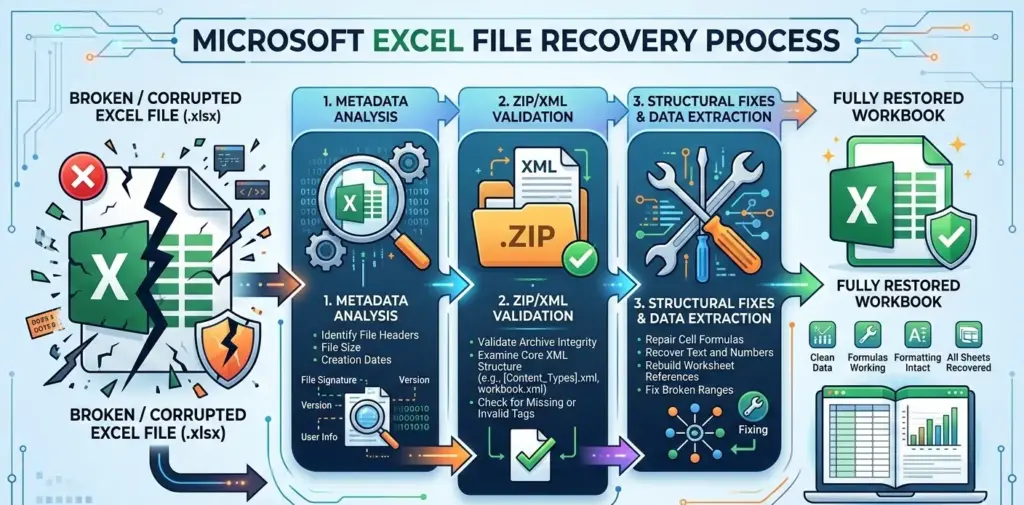 Infographic showing Excel file recovery process from broken file to fully restored workbook, including metadata analysis, ZIP/XML validation, and structural fixes.