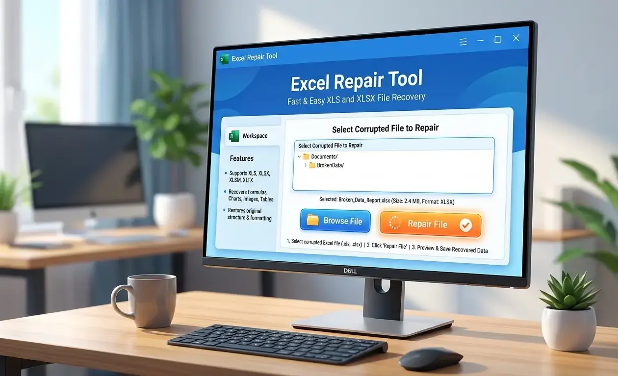A computer monitor displays a software interface for an "Excel Repair Tool" on a wooden desk with a keyboard, mouse, and a mug in a modern office. The interface includes the title, file recovery details, file browsing, and repair buttons.