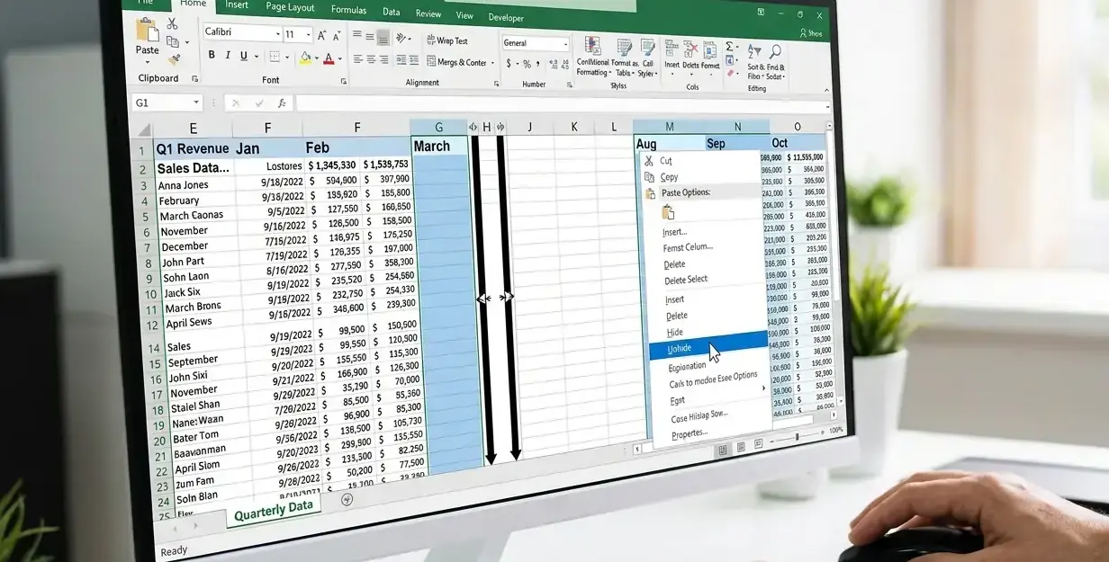  Select the visible columns on both sides of the hidden section, right-click the header area, and choose Unhide