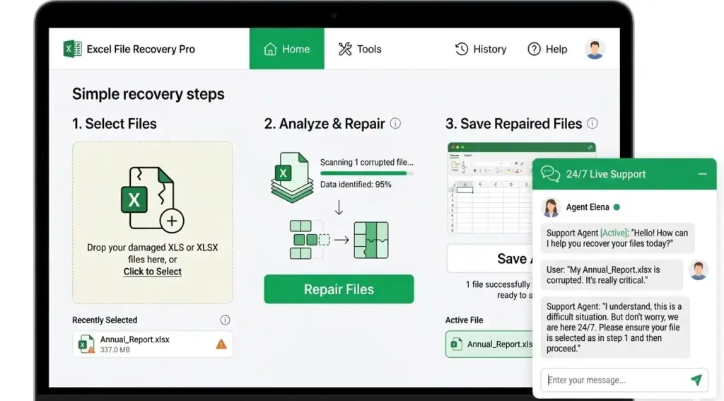  24/7 live chat support for Excel (xls and xlsx) file recovery tool to help you in difficult situations.