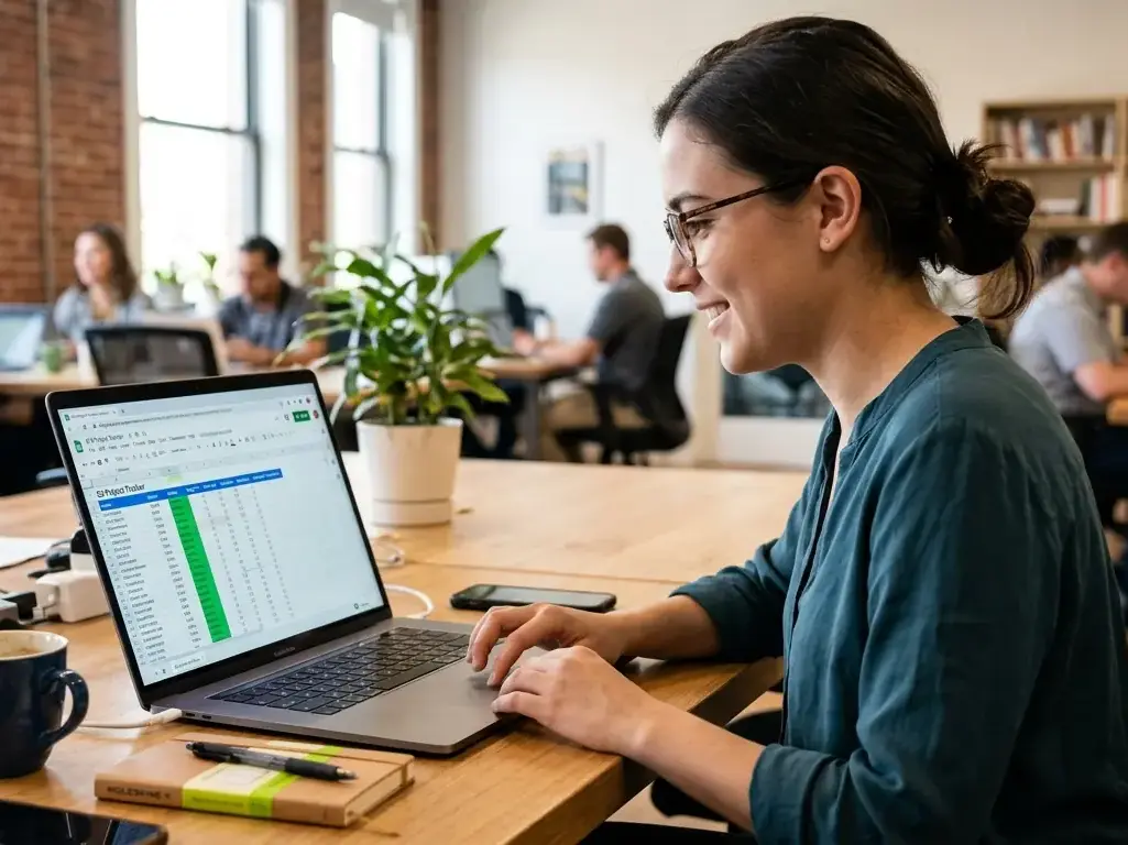 A medium-shot photograph captures a young woman with dark hair tied back and glasses, sitting at a wooden desk in a busy co-working space. She is smiling while looking at her open silver laptop, on which an online spreadsheet is clearly visible. Her right hand is near the laptop's trackpad. In front of her are a blue coffee mug, a smartphone, a pen, and a notebook. The background features other people at their own desks and potted plants, all slightly out of focus.