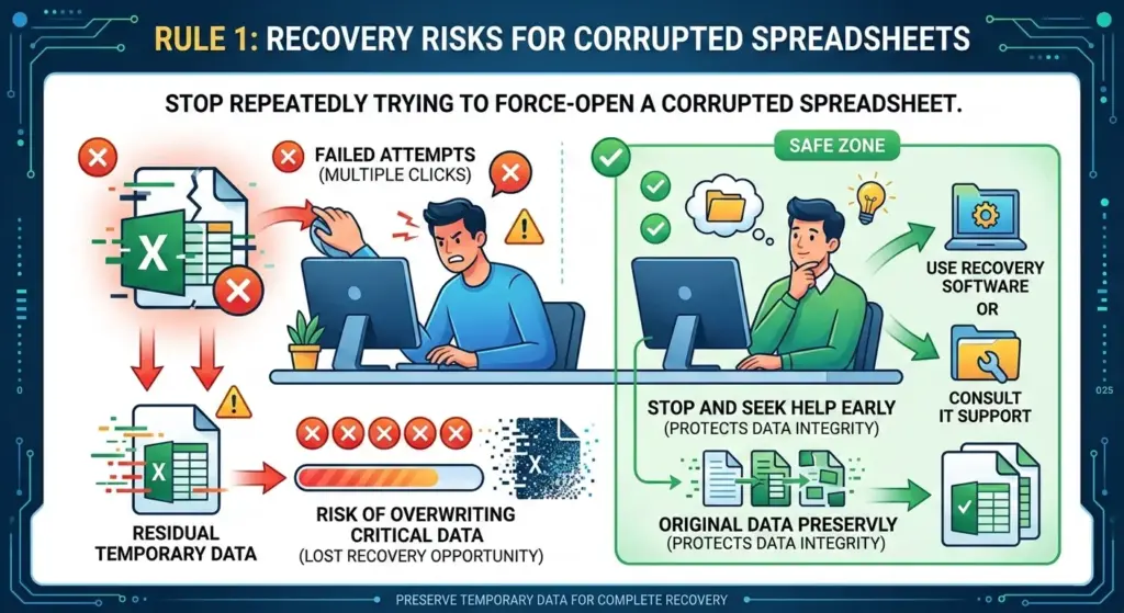 Infographic comparing risky force-opening of a corrupted file, causing data loss, versus a safe path of seeking expert help to preserve temporary data.