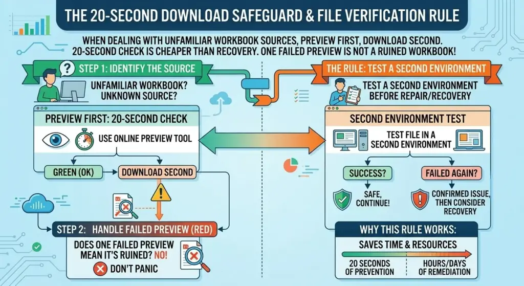 Infographic showing the danger of files bloated with hidden XML data versus a secure process of using the built-in "Inspect Document" tool monthly for file stability.