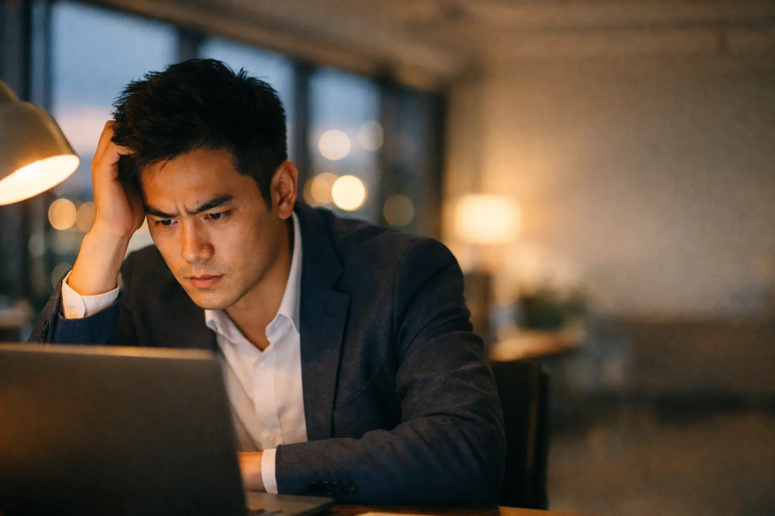 Frustrated professional staring at laptop screen in office, representing Excel memory resource error and crash frustration