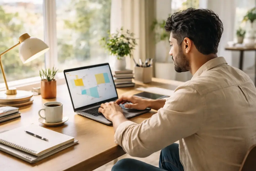 Organized workspace with calm professional applying Excel preventive maintenance and best practices