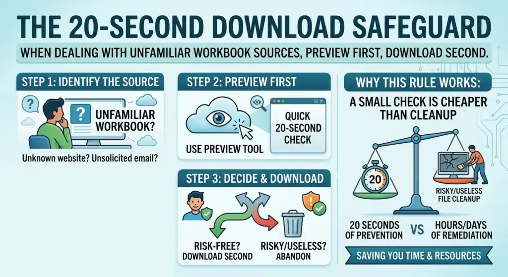 Rule: If the workbook source is unfamiliar, preview first and download second. A 20-second check is cheaper than cleaning up a risky or useless file later.