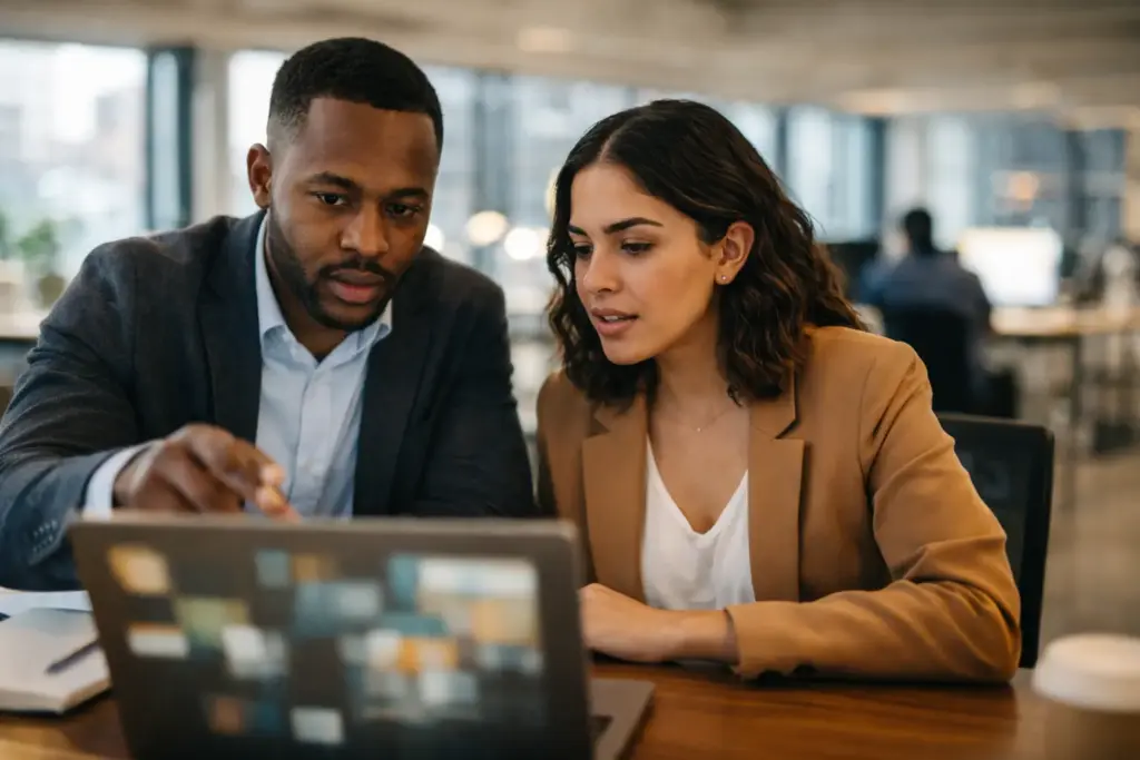 Two diverse colleagues collaborating on laptop to troubleshoot Excel versions and memory issues
