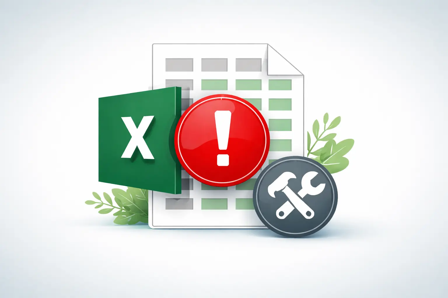 Vector illustration of an Excel-style spreadsheet file with a red error icon and a tools symbol on a light minimalist background with green leaves.